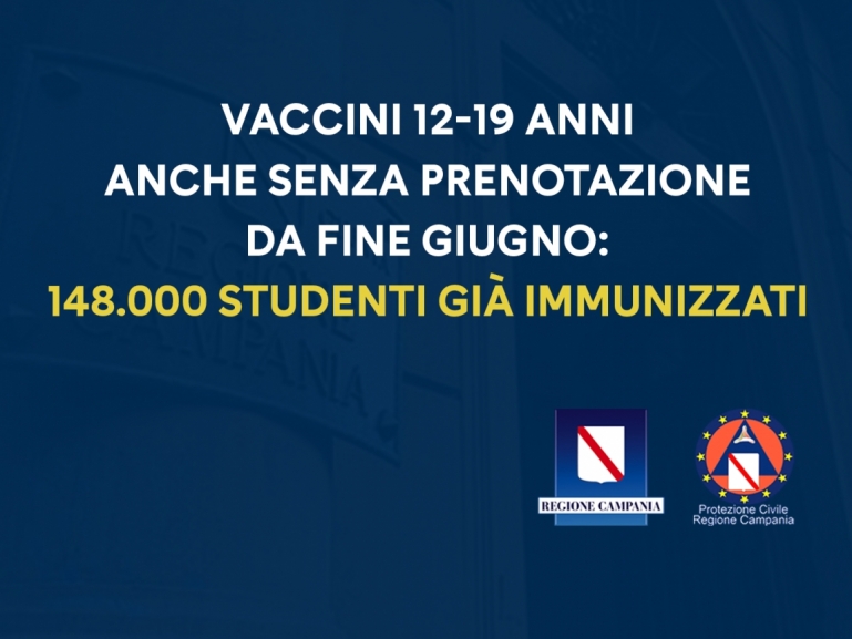 VACCINAZIONI 12-19 ANNI INIZIATE A FINE GIUGNO: SONO 148.000 GLI STUDENTI GIÀ IMMUNIZZATI